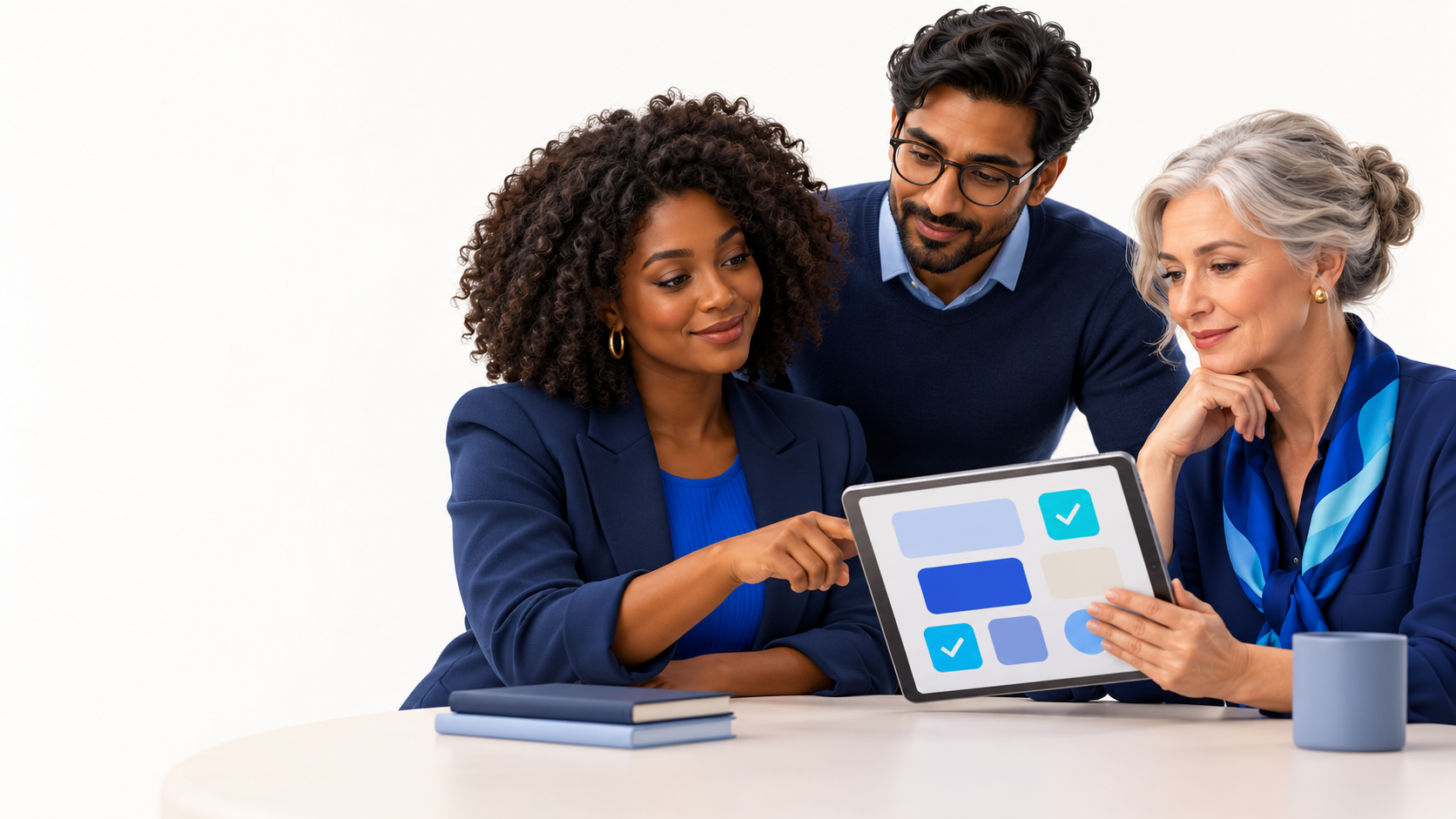Original editorial illustration of three diverse adult recruitment professionals reviewing an abstract candidate workflow together.